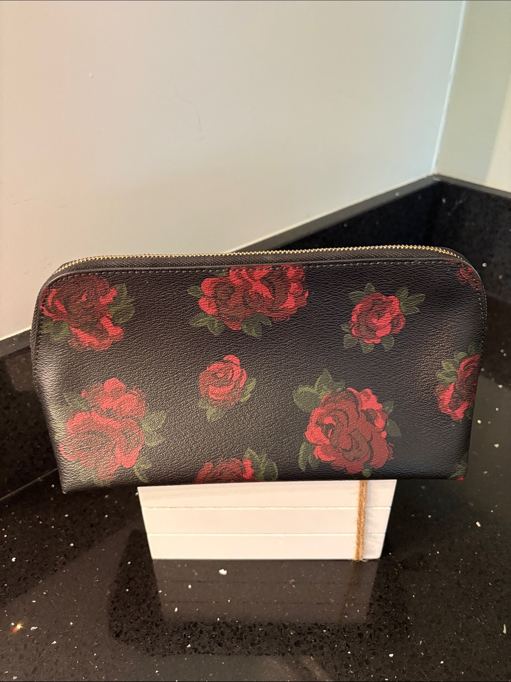 *COACH Black Rose Print Zip Cosmetic Ditty Pouch Bag Clutch Shabby Chic Goth - Picture 2 of 16